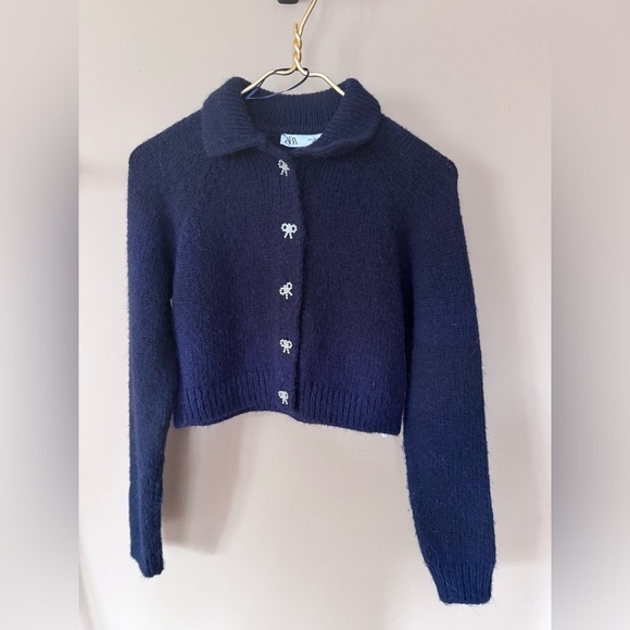 Zara Sweaters - ZARA Cropped Knit Cardigan with Rhinestone Bow Buttons Size S